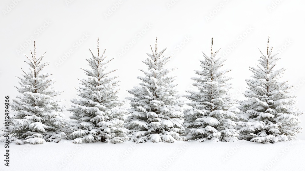 Snowy Fir Trees Row Against White Background Snowy Fir Trees Row Against White Background