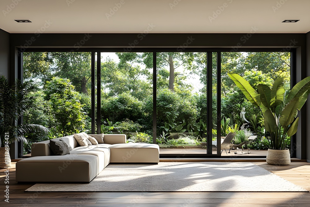 Fototapeta premium A modern, simple living room with large windows overlooking a lush garden, evoking calm and sustainability. Perfect for ads or articles on eco-friendly living and minimalist interior design.