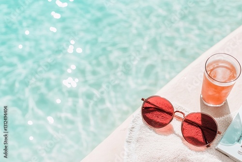 pair of stylish cherry-red sunglasses resting on sunlit beach towel with golden sand and turquoise waves in softly