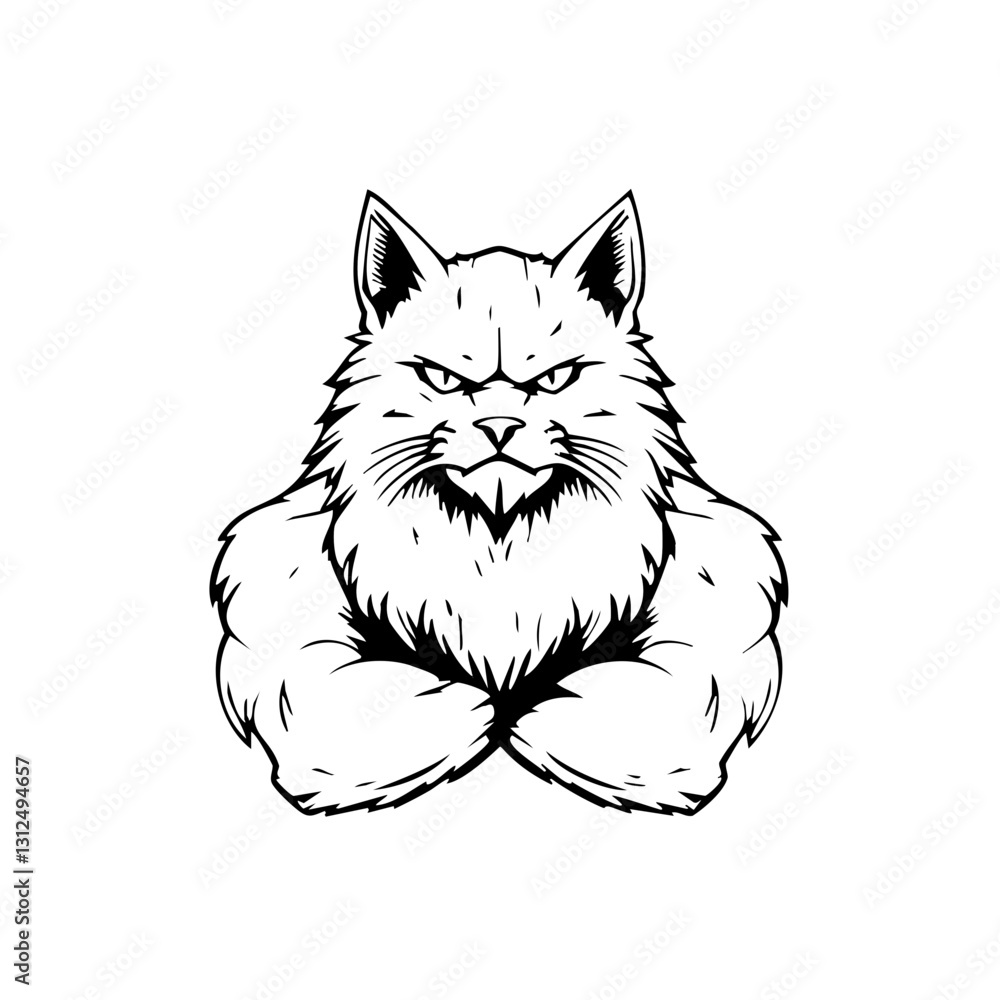 Obraz premium A bold vector logo of a muscular cat with pronounced fur and crossed arms, drawn in line art style. Perfect for fitness brands, gyms, or sports-related branding