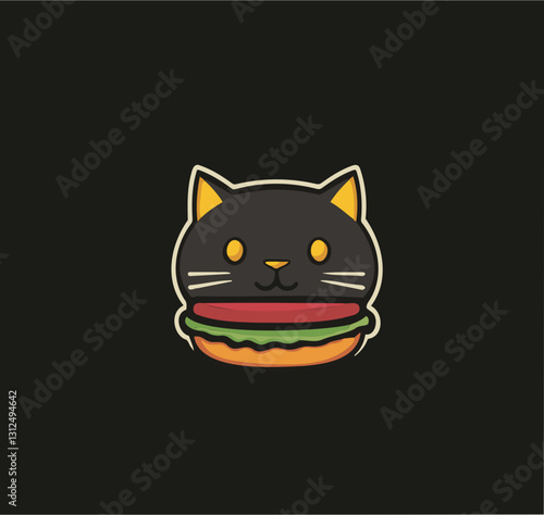 A cute vector logo of a cat shaped like a hamburger with a friendly expression, set against a black background. Perfect for food brands, pet cafés, or playful branding.