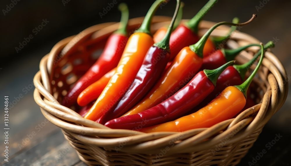 Close-up of assorted dried chili peppers in a wicker basket , fall, natural, vegetables Close-up of assorted dried chili peppers in a wicker basket , fall, natural, vegetables