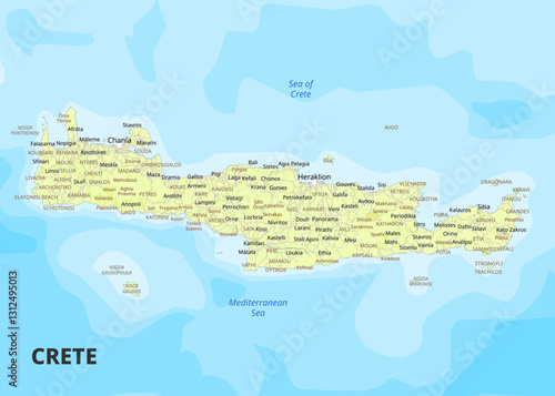 This is a detailed map of the island of Crete, Greece. The map is in a light yellow color with blue outlines for the island and surrounding seas. It features a comprehensive list of towns and cities.