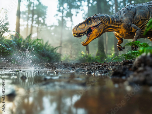 Giganotosaurus dinosaur walking near water in prehistoric forest
