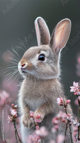Charming rabbit sitting gracefully among colorful wildflowers in a sunlit field in spring