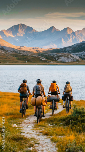 Cyclists enjoying mountain view during bikepacking trip near a lake
