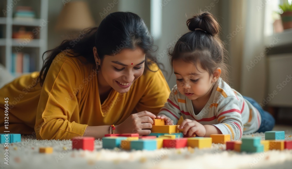 smiling indian mom and kid playing with cubes smiling indian mom and kid playing with cubes