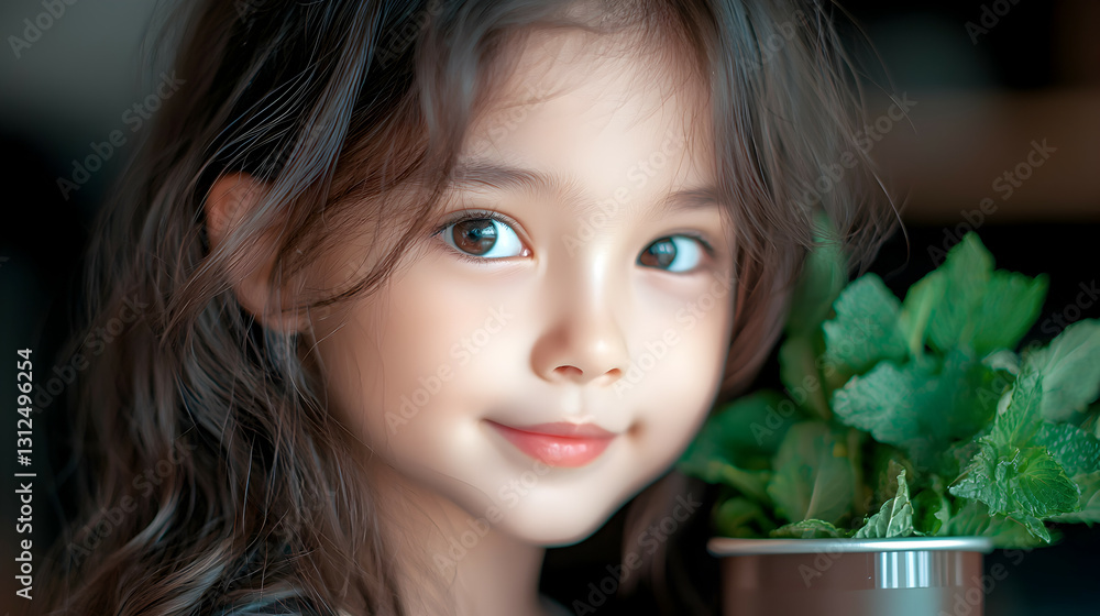 A young girl with dark hair and a gentle smile