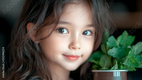 Obraz na płótnie A young girl with dark hair and a gentle smile w salonie