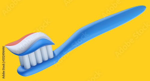 Toothbrush and smear of toothpaste in three colors in 3d realistic glossy style. Bright medical equipment. Minimal dental healthcare instrument. Cute modern vector illustration.