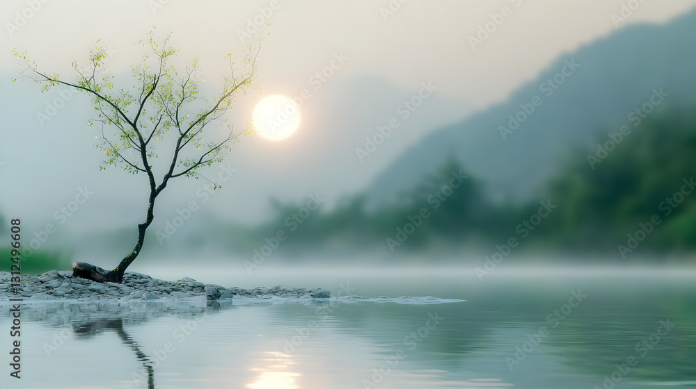 A solitary tree stands at the edge of a tranquil lake
