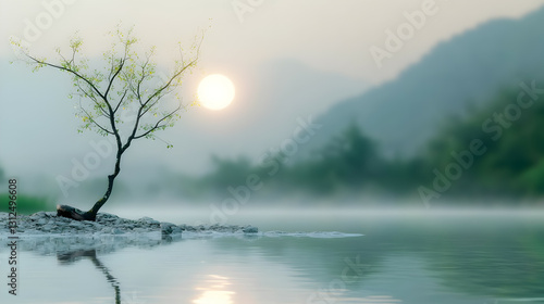Obraz na płótnie A solitary tree stands at the edge of a tranquil lake w salonie