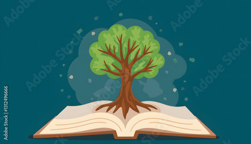 Tree growing from open book on teal background