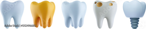 3d white, golden, decayed tooth and implant in realistic glossy style. Set of Bright medical design element. Minimal dental healthcare illustration.