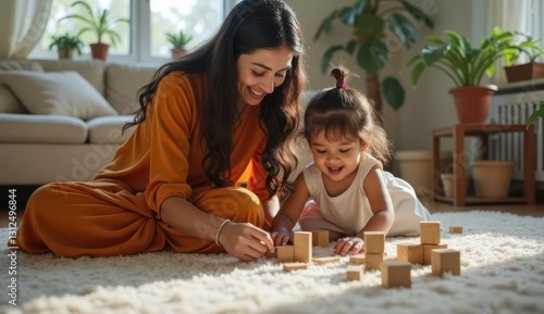 happy indian family moment with toy building blocks