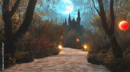 A stone pathway leads towards a castle under a bright moon
