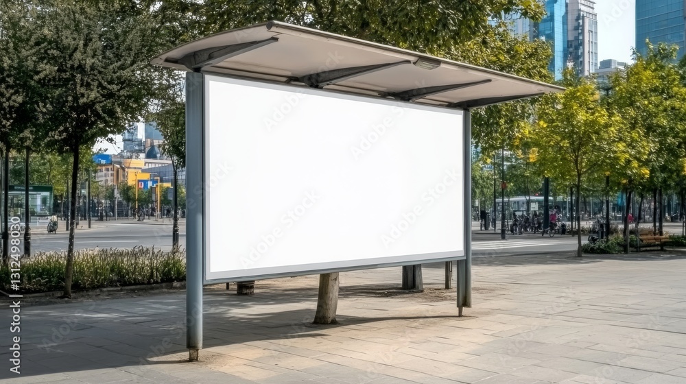 A contemporary urban bus stop showcasing a blank white billboard, perfect for various advertisements. This stop is surrounded by lush greenery and diverse city architecture, enhancing its appeal A contemporary urban bus stop showcasing a blank white billboard, perfect for various advertisements. This stop is surrounded by lush greenery and diverse city architecture, enhancing its appeal