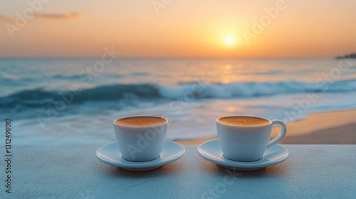 Fototapeta Naklejka Na Ścianę i Meble -  Two cups of coffee on a beach at sunset