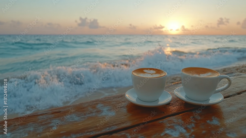 Two cups of coffee on beach at sunrise Two cups of coffee on beach at sunrise