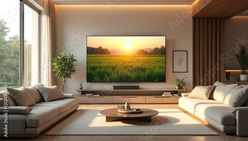 Elegant living room features big TV screen displaying sunny summer meadow. Modern interior design with comfortable sofas, wooden floor, minimalist decor, large windows, plants. Luxury apartment, home