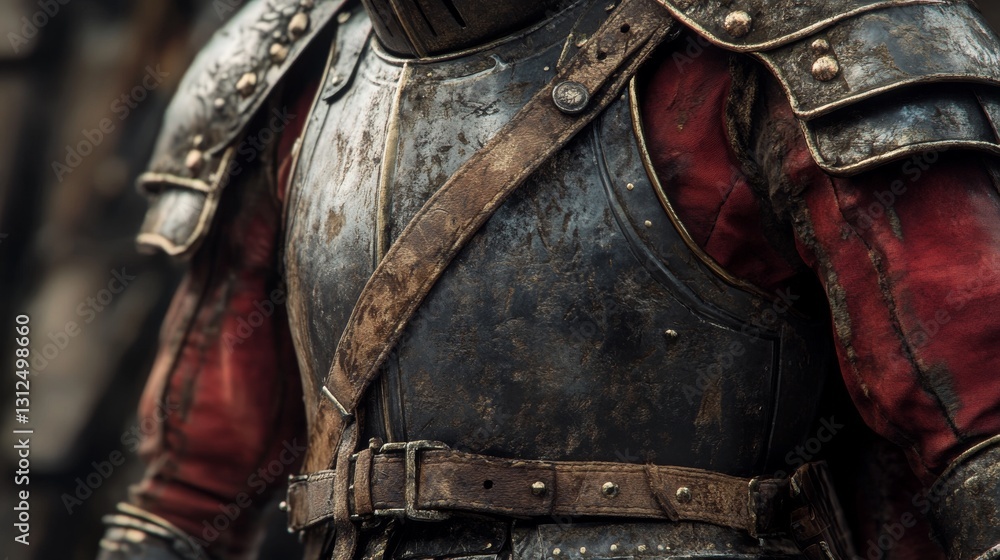 Fototapeta premium A medieval warrior in metal armor with a brown belt