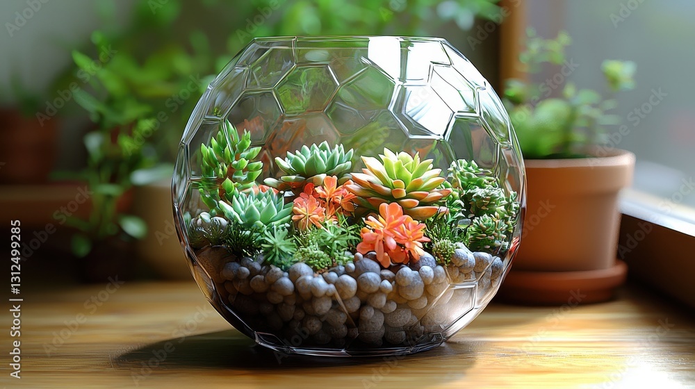 Succulent Terrarium Display on Wooden Surface Succulent Terrarium Display on Wooden Surface