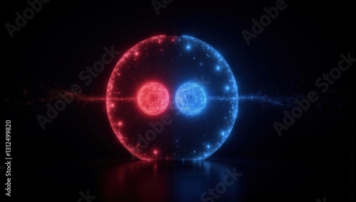 Two luminous balls, blue and red, symmetrically placed on a black background, symbolize 2 teams