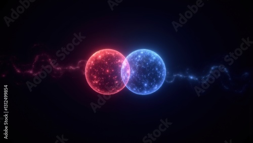 Two luminous balls, blue and red, symmetrically placed on a black background, symbolize 2 teams