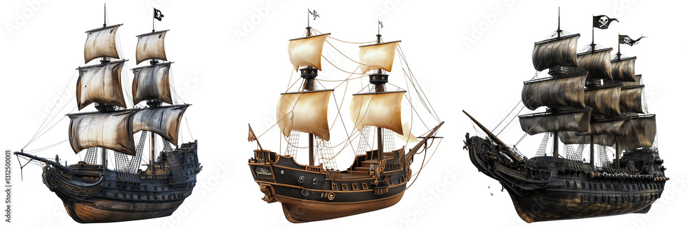 Fototapeta premium Set of a realistic pirate ship isolated on transparent background
