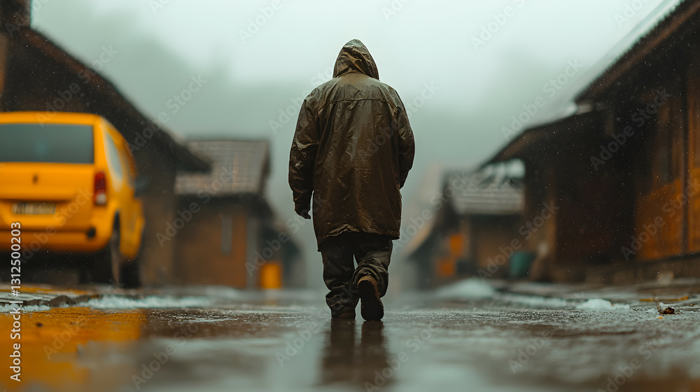 Person in a coat walks down a wet rural road
