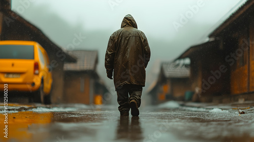 Person in a coat walks down a wet rural road