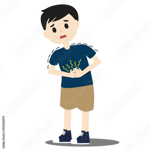 Medical and Health Concept of a Man Suffering from Severe Gastric Pain, Bloating, or Abdominal Cramps in Cartoon Style