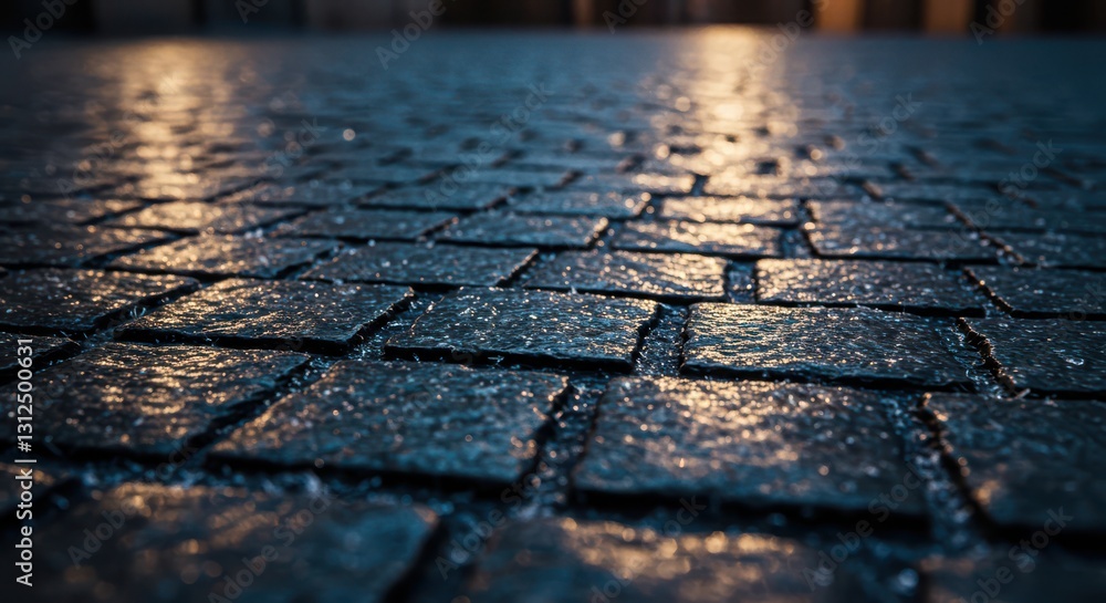 Obraz premium Walking on Wet Cobblestone Street Reflecting Light Creates a Moody Atmosphere