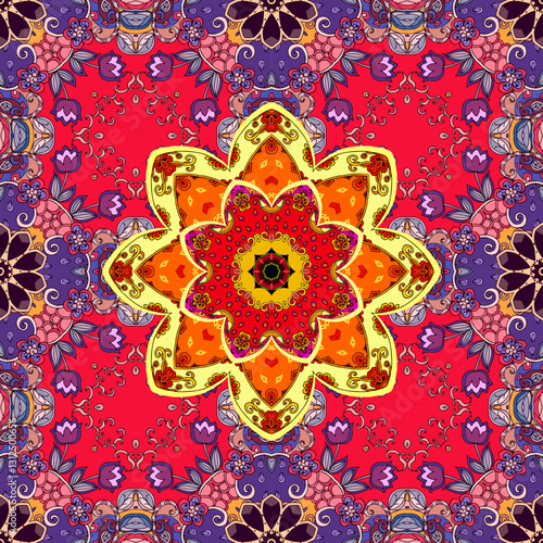Delightful square pattern with a bright mandala on a crimson background and a floral frame.