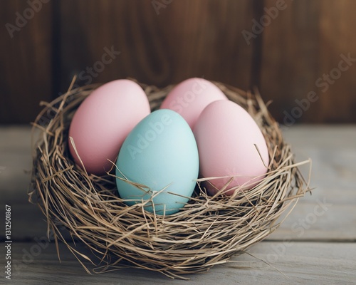 Easter Holiday, Easter Concept, Pastel Easter Eggs in Bird Nest Springtime Decoration Wooden Background