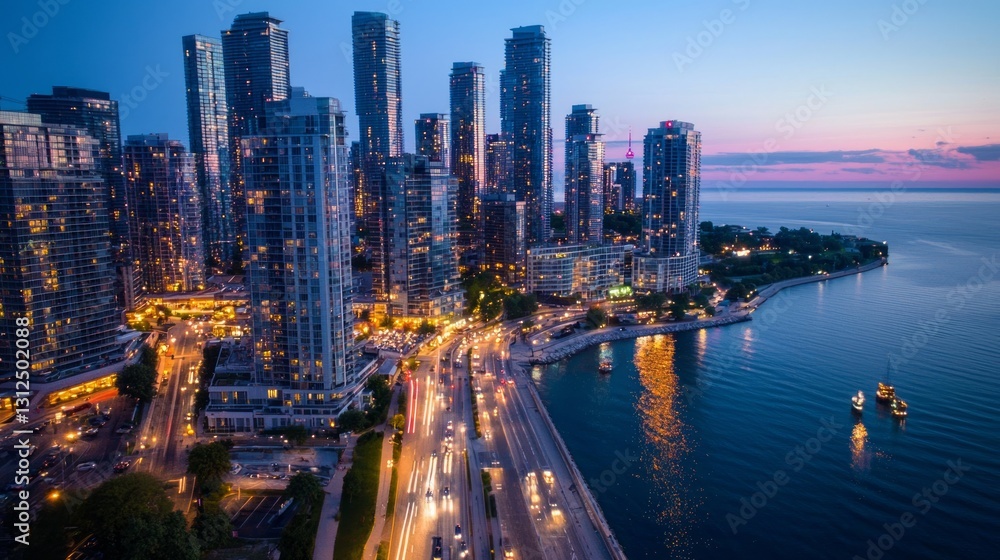 Overhead View of Urban Skyline with Dramatic Evening Lights Overhead View of Urban Skyline with Dramatic Evening Lights
