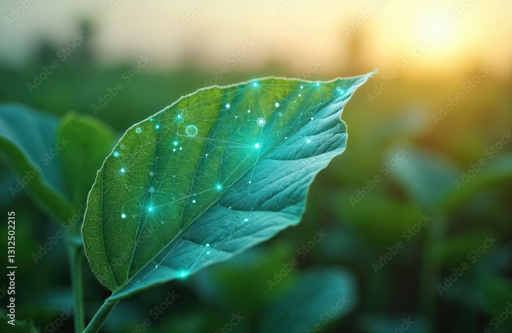 Fototapeta premium Conceptual illustration linking science, agriculture, eco tech. Leaf with digital network, green energy. Bio lab, agro engineering, science research, medical, pharmaceutical innovation, plant