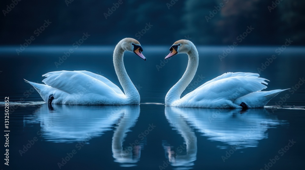 Fototapeta premium Two swans in love on a still lake