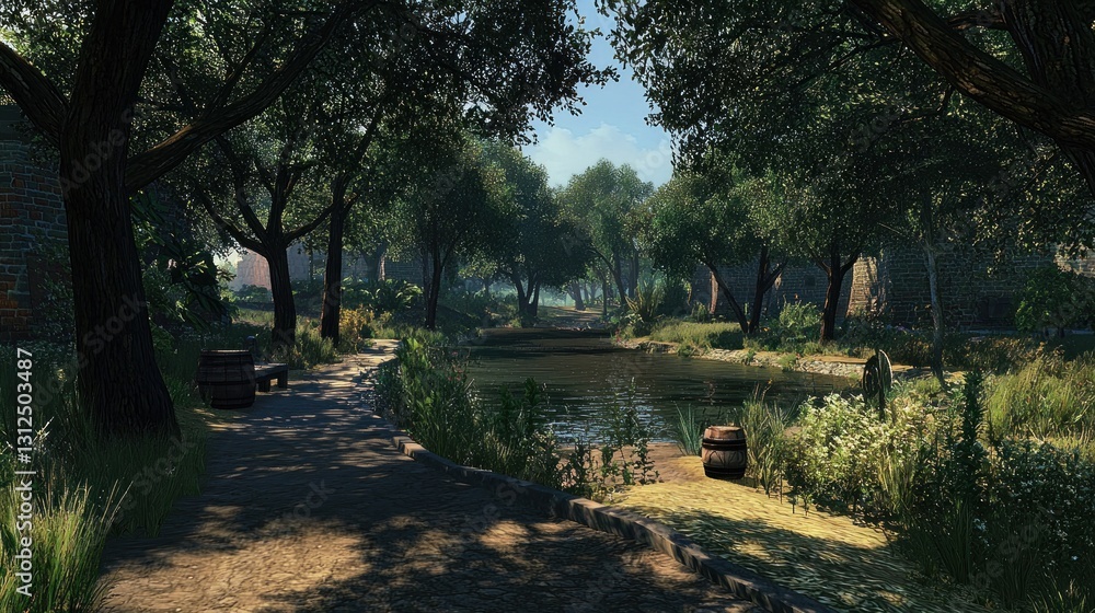 Shady path by a canal in a medieval village Shady path by a canal in a medieval village