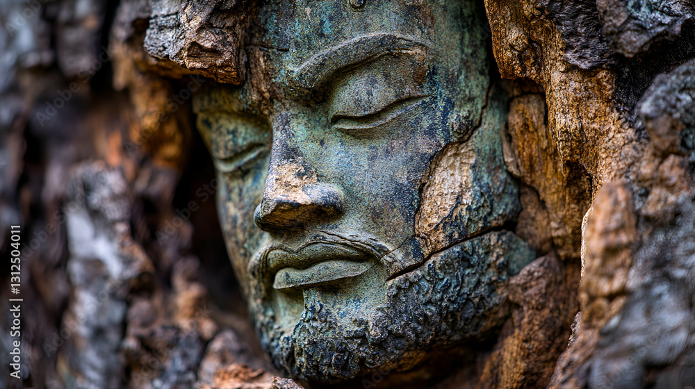 Serene Stone Face Embedded in Tree Bark Capturing Nature's Beauty and Artistry in Harmony with Earth and Time Serene Stone Face Embedded in Tree Bark Capturing Nature's Beauty and Artistry in Harmony with Earth and Time