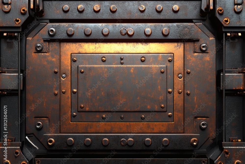 Fototapeta premium Steampunk aesthetic rusty metal panel with rivets and screws background