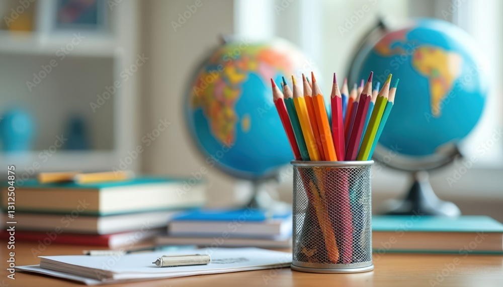 School supplies on table. Color pencils in metal holder, blurred globes, stacked books background. Pencils racked, wooden case with graphite lead for drawing, writing, painting, construction, School supplies on table. Color pencils in metal holder, blurred globes, stacked books background. Pencils racked, wooden case with graphite lead for drawing, writing, painting, construction,