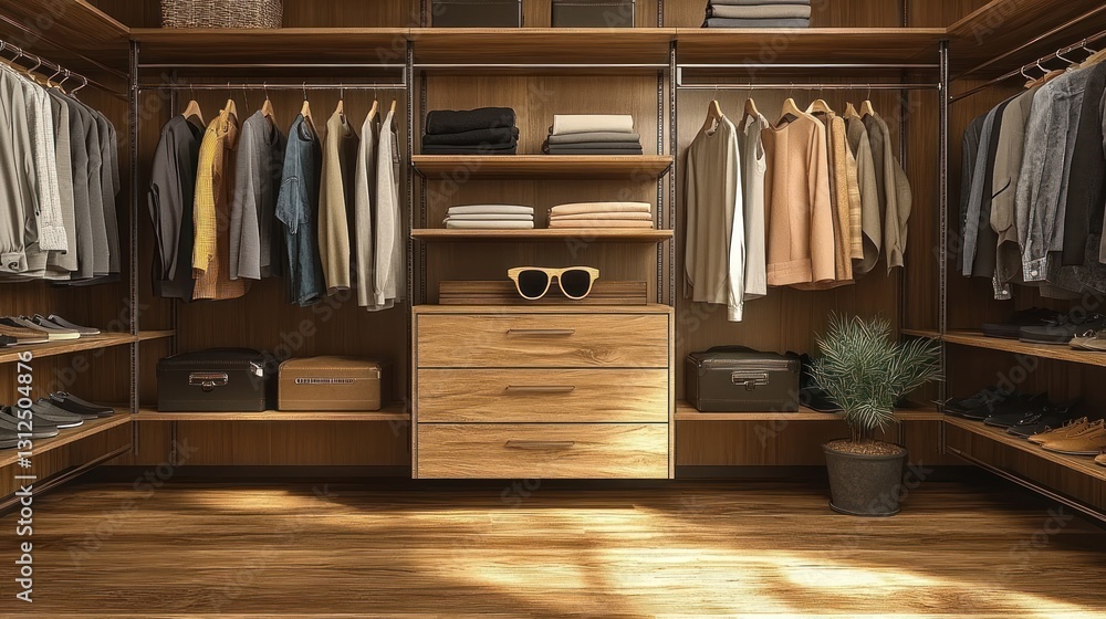 Modern Walk-in Closet Design: Organized and Stylish Wooden Wardrobe with Neutral Tones Clothing Modern Walk-in Closet Design: Organized and Stylish Wooden Wardrobe with Neutral Tones Clothing