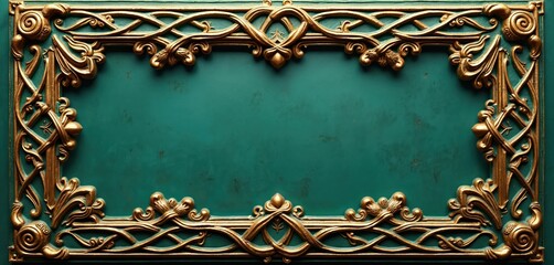 Ornate gold frame with celtic knot design, green colored center. Intricate details, vintage style, decorative border, copy space. Sophisticated pattern, luxurious ornament, heritage concept, historic