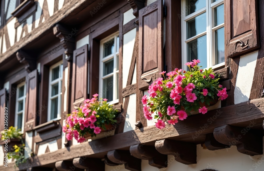 Fototapeta premium Traditional half-timbered facade with flowers boxes. Frame house in Wernigerode Germany. Historic architecture with ornate carvings, colorful window shutters. German memorial building features