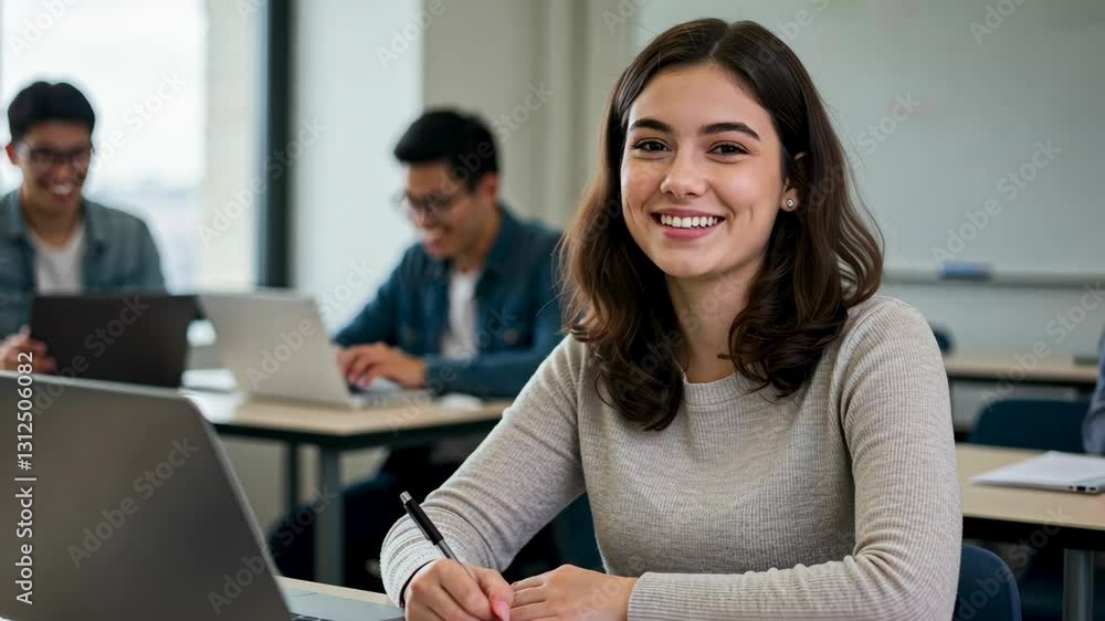 Smiling female student focused on studying in a classroom, surrounded by classmates working on laptops and taking notes. Smiling female student focused on studying in a classroom, surrounded by classmates working on laptops and taking notes.