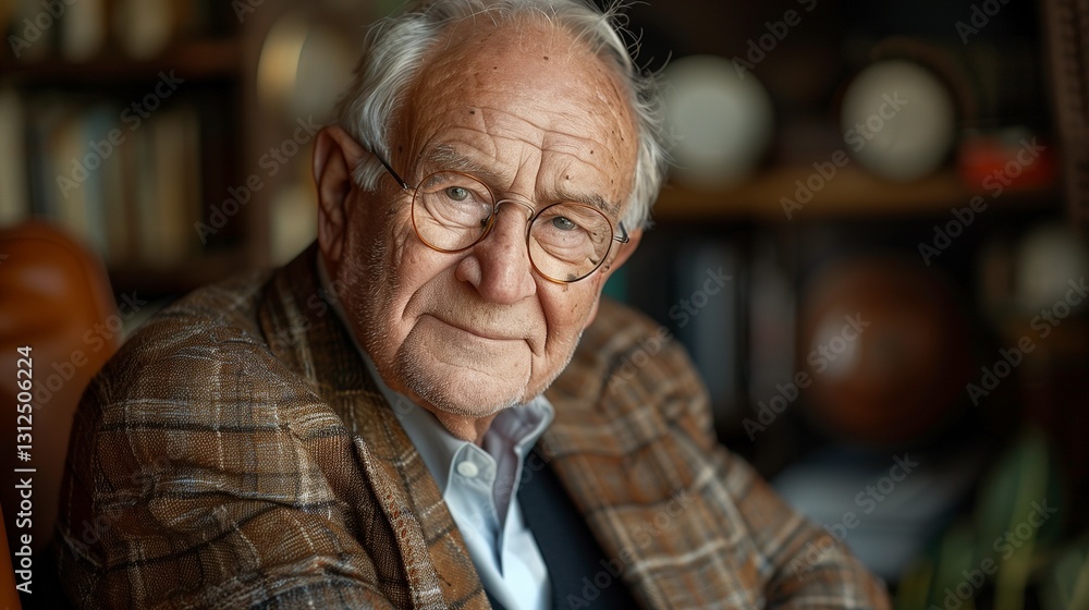 An elderly man with glasses and a plaid jacket sits thoughtfully in a cozy library surrounded by books and globes An elderly man with glasses and a plaid jacket sits thoughtfully in a cozy library surrounded by books and globes