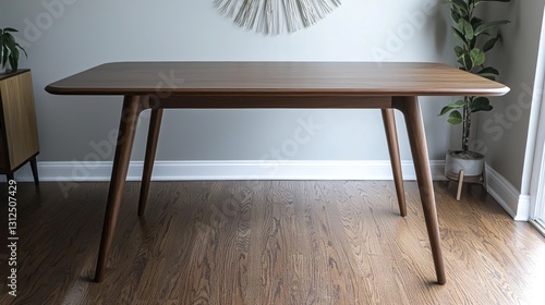 Modern wooden dining table in a home interior with a sunburst wall hanging photo