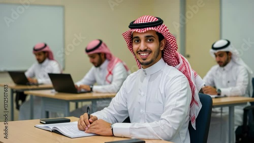 Smiling Arab student actively studying in a classroom, surrounded by peers working on laptops and taking notes.