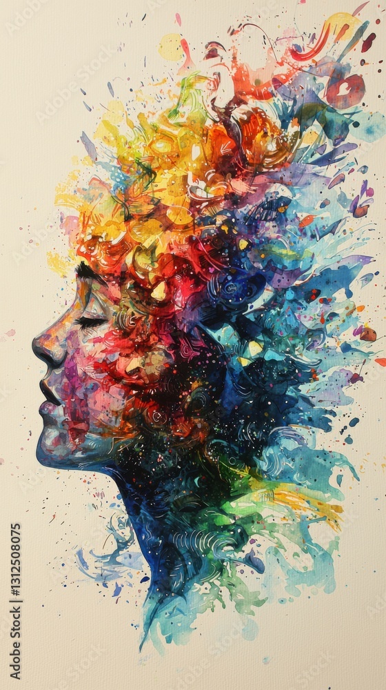 Obraz premium Artistic representation of a woman's face decorated with colorful paint splatters for creative expression